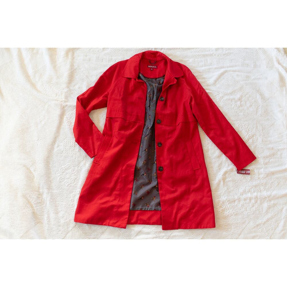 NEW Vintage Y2K Trench Coat Merona L Red Birds Cotton Old Dead Stock